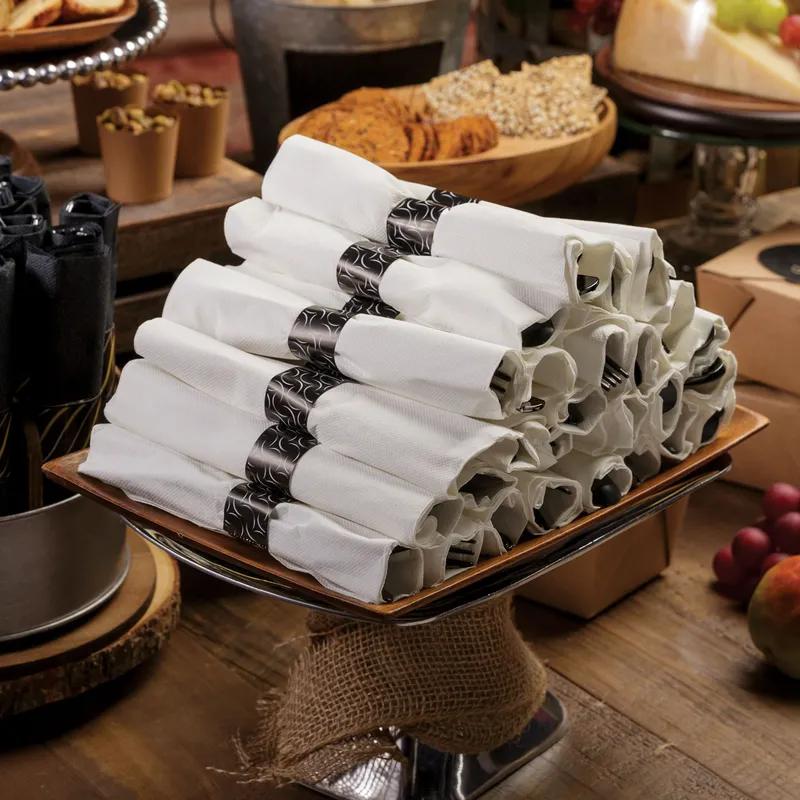 CaterWrap® FashNpoint® 4PC Cutlery Kit Plastic Black Heavy Duty Pre-Rolled With White 7.75X7.75 Napkin,Fork,Knife,Spoon 100/Case
