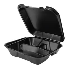 Take-Out Container Hinged 9.25X9.25X3 IN 3 Compartment Polystyrene Foam Black Square 200/Case
