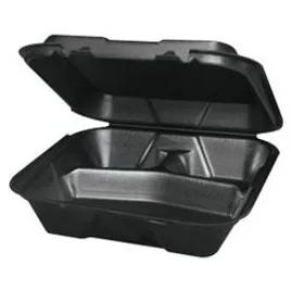 Take-Out Container Hinged 9.25X9.25X3 IN 3 Compartment Polystyrene Foam Black Square 200/Case