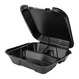 Take-Out Container Hinged 9.25X9.25X3 IN 3 Compartment Polystyrene Foam Black Square 200/Case