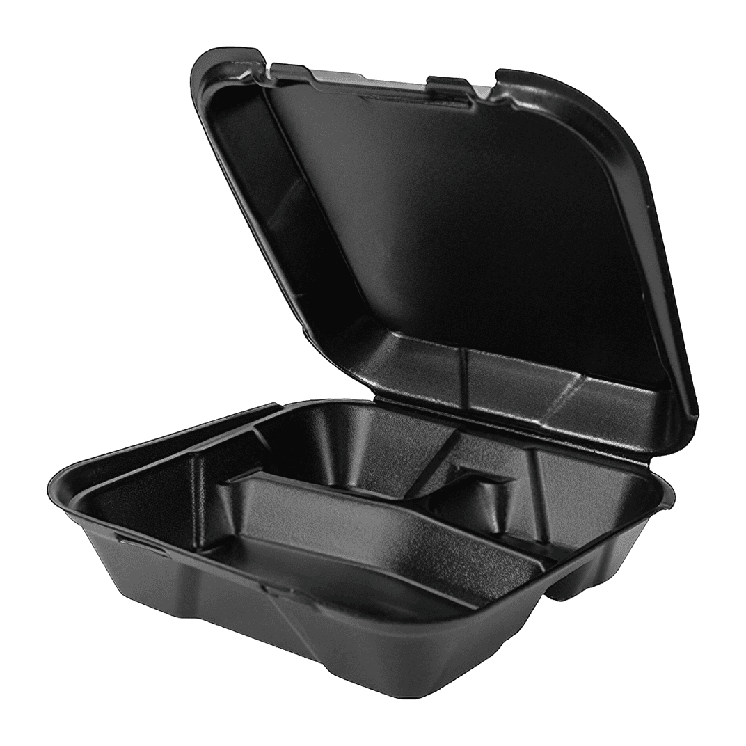 Take-Out Container Hinged 9.25X9.25X3 IN 3 Compartment Polystyrene Foam Black Square 200/Case