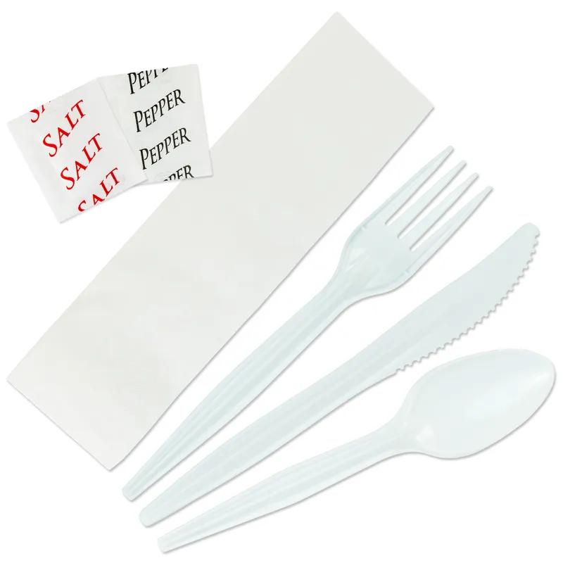 6PC Cutlery Kit PP White Heavy Duty Individually Wrapped With Napkin,Fork,Knife,Salt & Pepper,Spoon 250/Case