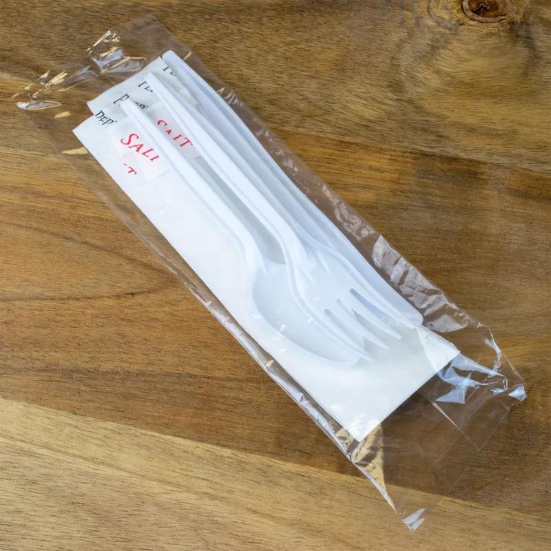 6PC Cutlery Kit PP White Heavy Duty Individually Wrapped With Napkin,Fork,Knife,Salt & Pepper,Spoon 250/Case