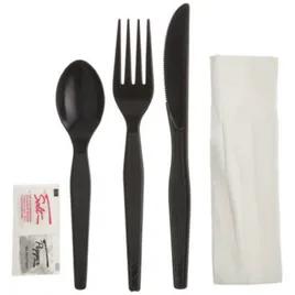 6PC Cutlery Kit PS Black Heavy Duty With 13X17 Napkin,Fork,Knife,Salt & Pepper,Spoon 250/Case