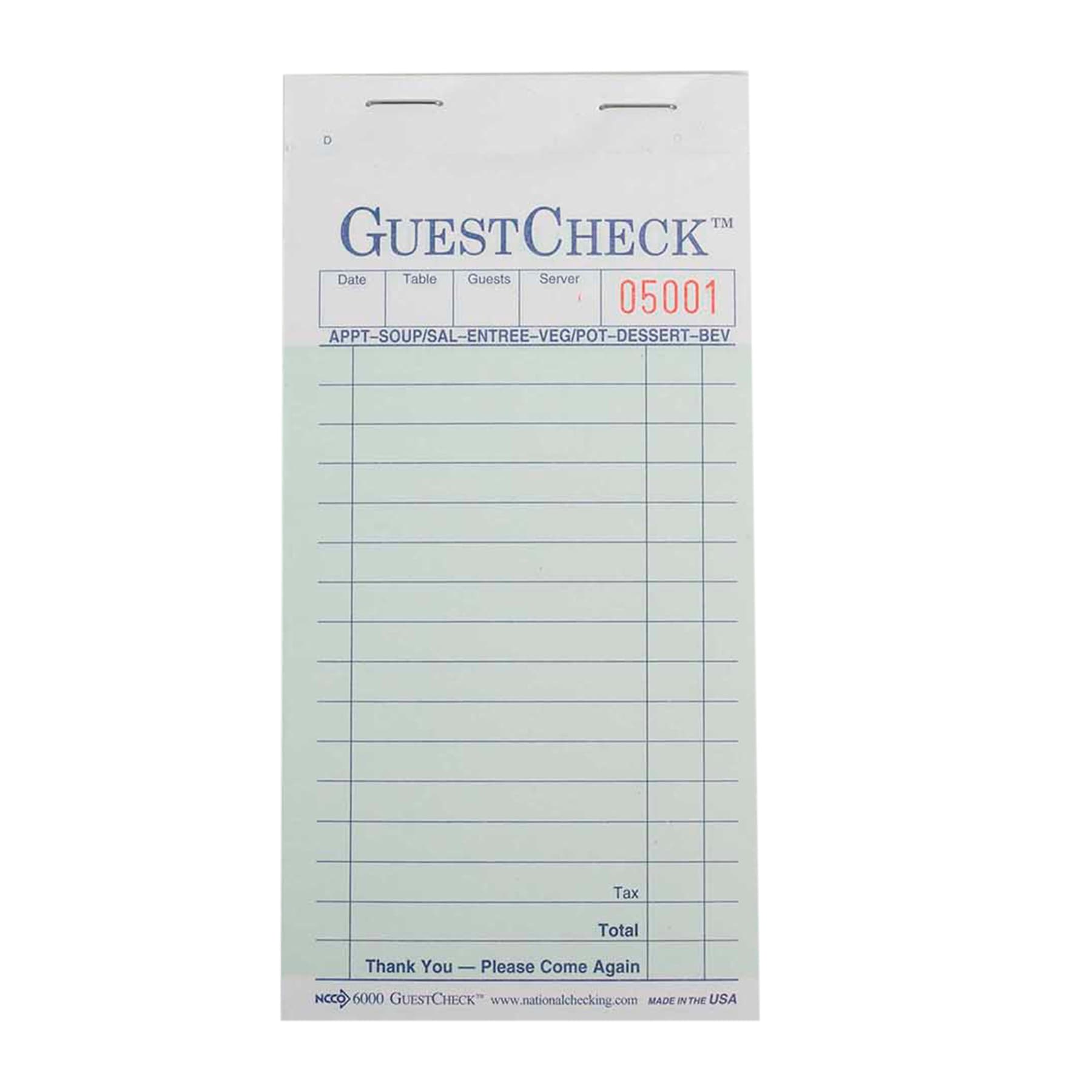 Guest Check 6.75X3.5 IN Green 2-Part 2500/Case