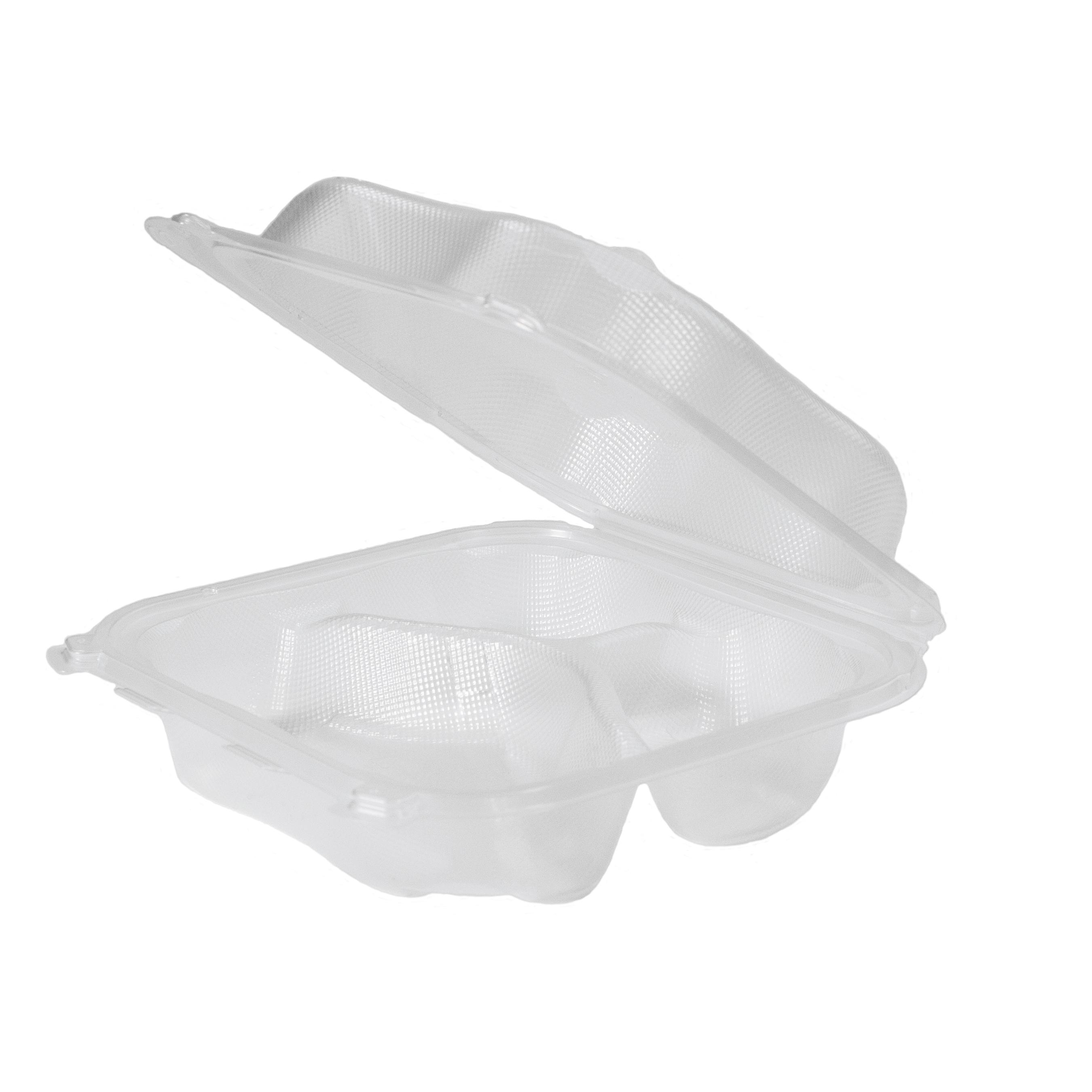 Clover Take-Out Container Hinged Large (LG) 8.35X8.32X2.88 IN 3 Compartment PP Clear 150/Case