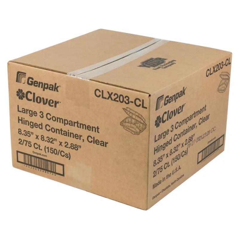Clover Take-Out Container Hinged Large (LG) 8.35X8.32X2.88 IN 3 Compartment PP Clear 150/Case