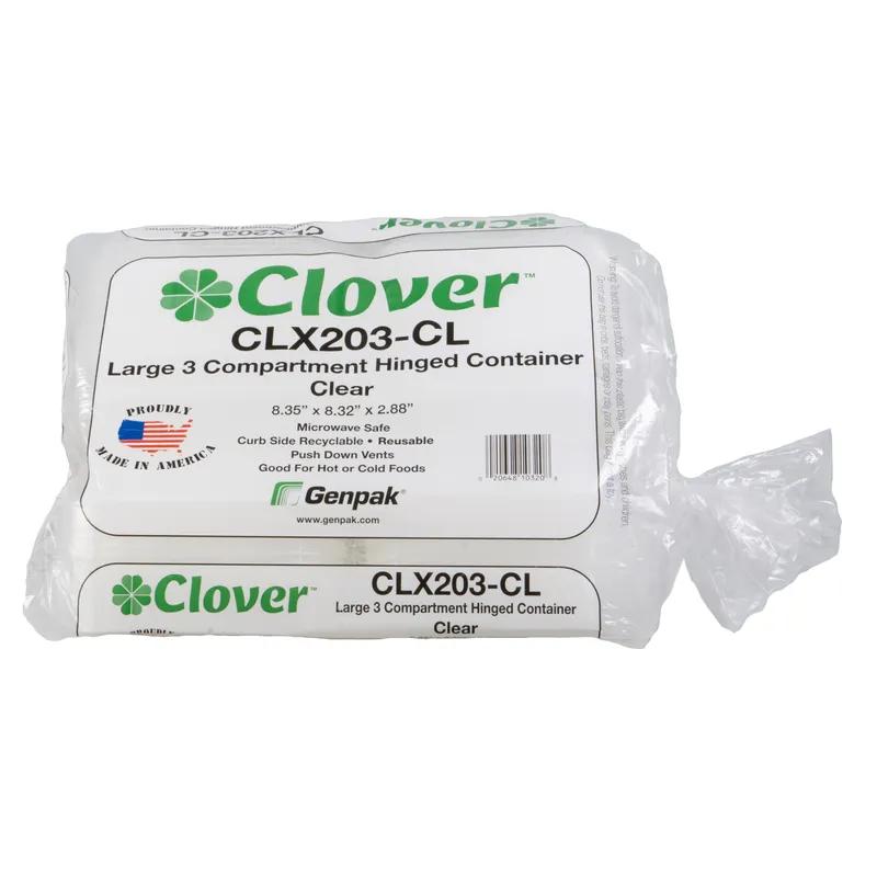 Clover Take-Out Container Hinged Large (LG) 8.35X8.32X2.88 IN 3 Compartment PP Clear 150/Case