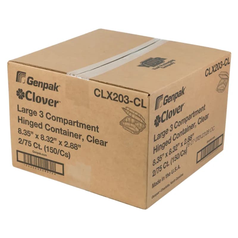 Clover Take-Out Container Hinged Large (LG) 8.35X8.32X2.88 IN 3 Compartment PP Clear 150/Case