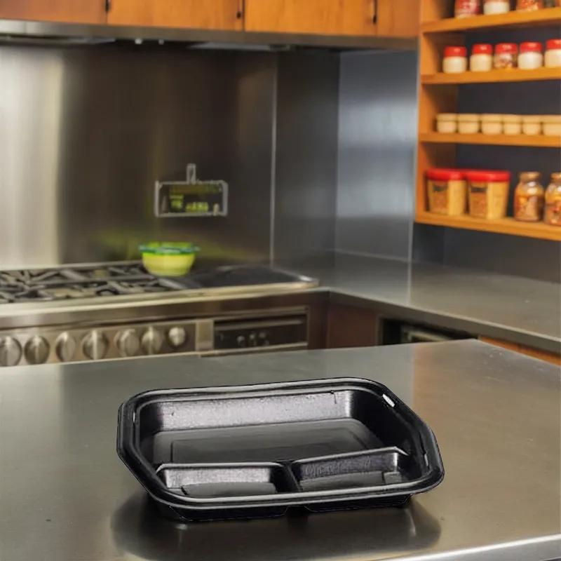 Take-Out Container Base 8.88X11.25X1.25 IN 3 Compartment Polystyrene Foam Black Rectangle Insulated 250/Case