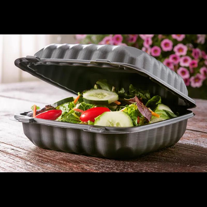Take-Out Container Hinged With Dome Lid 8.3X8.4X3.1 IN MFPP Black Square 200/Case