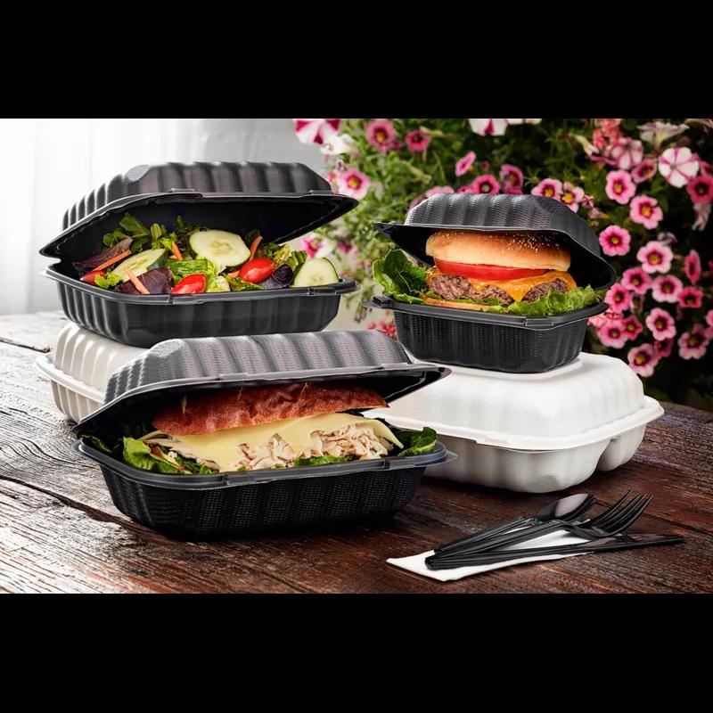Take-Out Container Hinged With Dome Lid 8.3X8.4X3.1 IN MFPP Black Square 200/Case