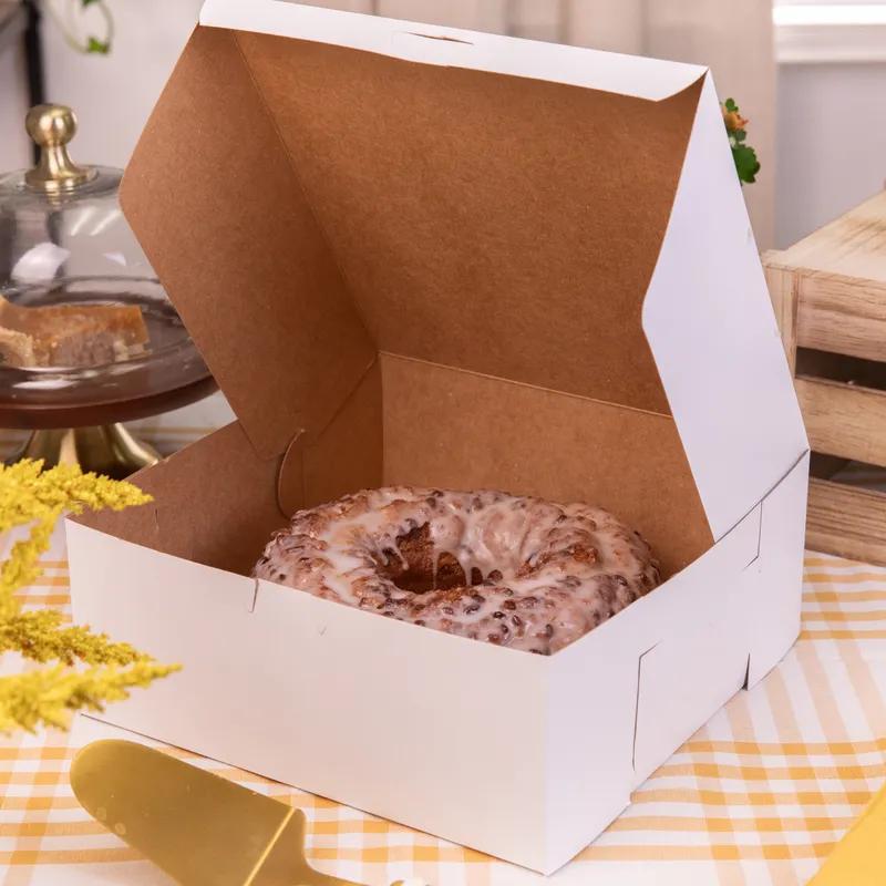 Cake Box 10X10X4 IN Clay-Coated Kraft Board White Kraft Square Lock Corner Tuck Top 1-Piece 100/Bundle