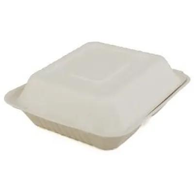 ChampWare Take-Out Container Hinged With Dome Lid 9X9 IN 3 Compartment Sugarcane White Square 200/Case