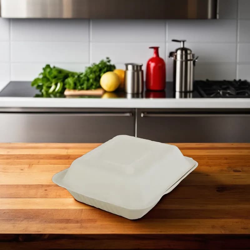 ChampWare Take-Out Container Hinged With Dome Lid 9X9 IN 3 Compartment Sugarcane White Square 200/Case