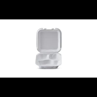 Take-Out Container Hinged 8X8X3 IN 3 Compartment Polystyrene Foam White Vented 200/Case