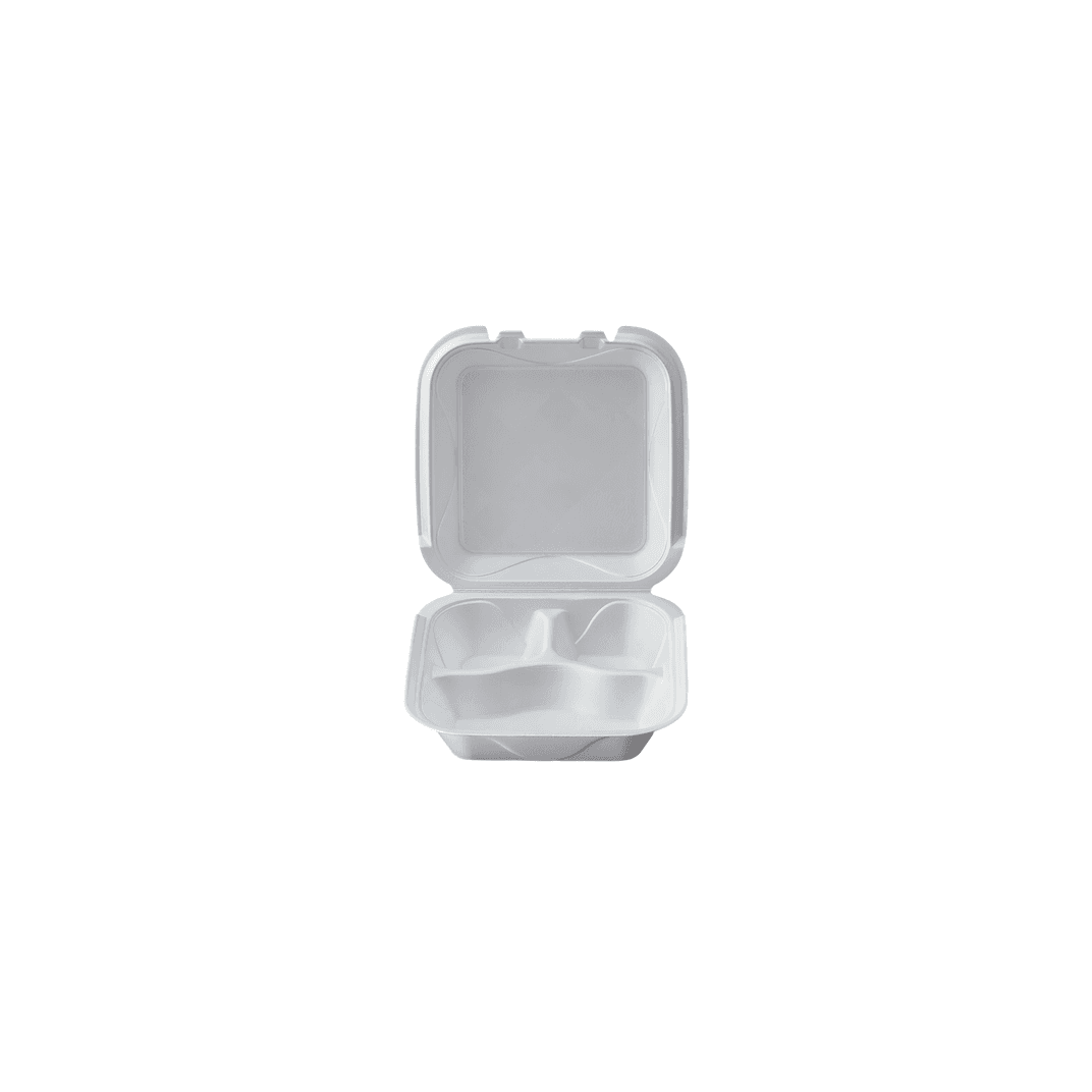 Take-Out Container Hinged 8X8X3 IN 3 Compartment Polystyrene Foam White Vented 200/Case