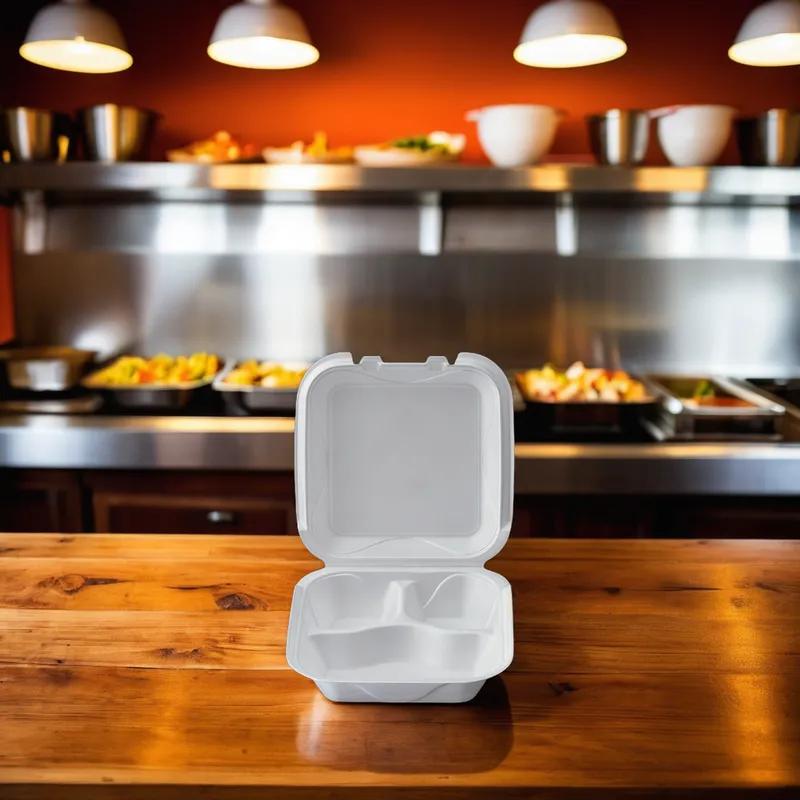 Take-Out Container Hinged 8X8X3 IN 3 Compartment Polystyrene Foam White Vented 200/Case