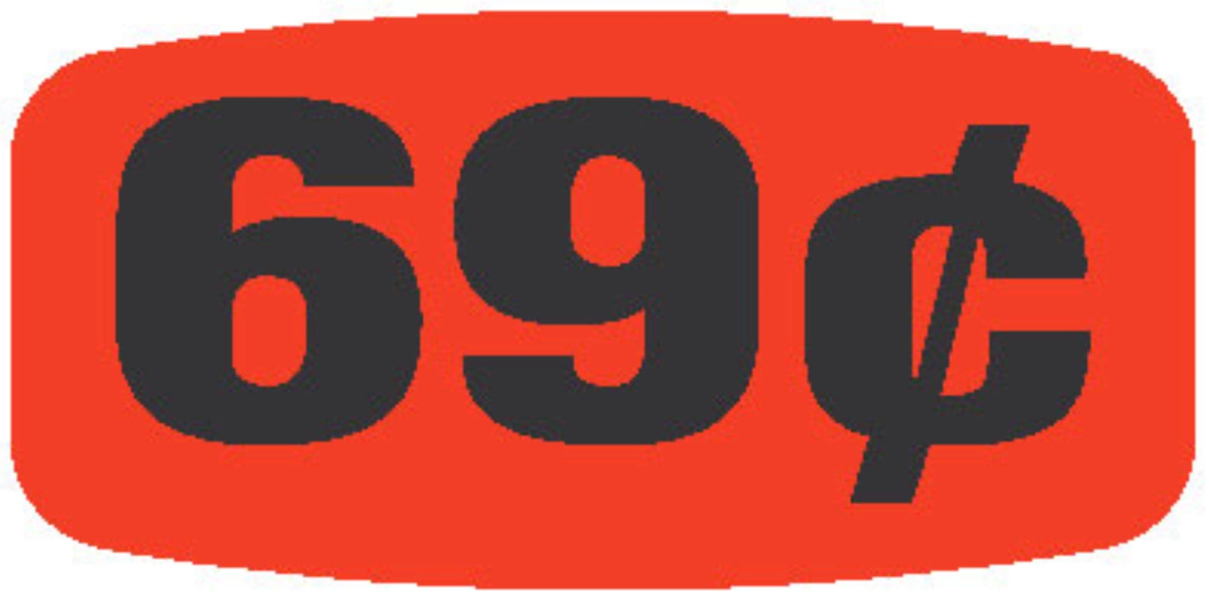 69¢ Price Label 0.625X1.25 IN Black Fluorescent Red Short Oval 1000 Count/Roll 50 Rolls/Case 50000 Count/Case