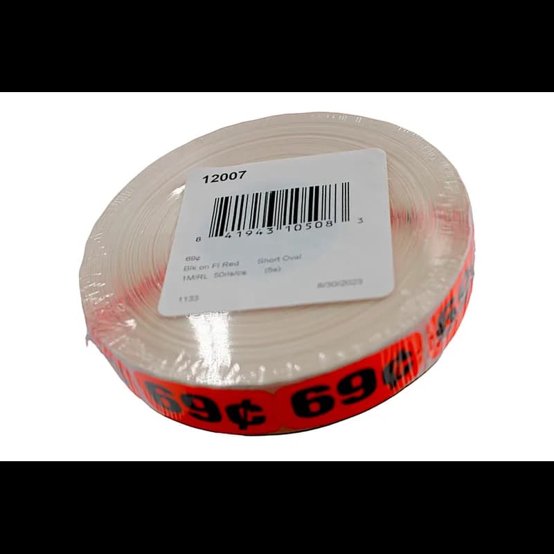 69¢ Price Label 0.625X1.25 IN Black Fluorescent Red Short Oval 1000 Count/Roll 50 Rolls/Case 50000 Count/Case
