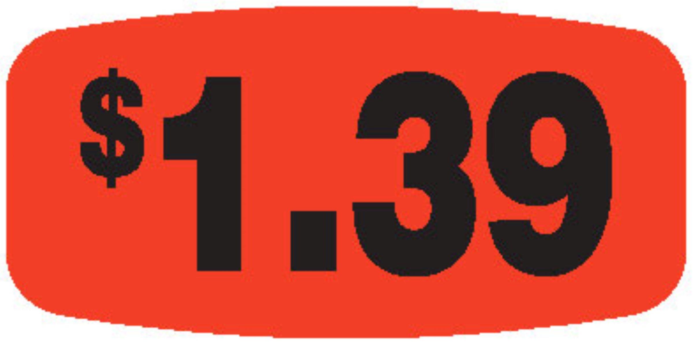 1.39 Price Label 0.625X1.25 IN Black Fluorescent Red Short Oval 1000 Count/Roll 50 Rolls/Case 50000 Count/Case