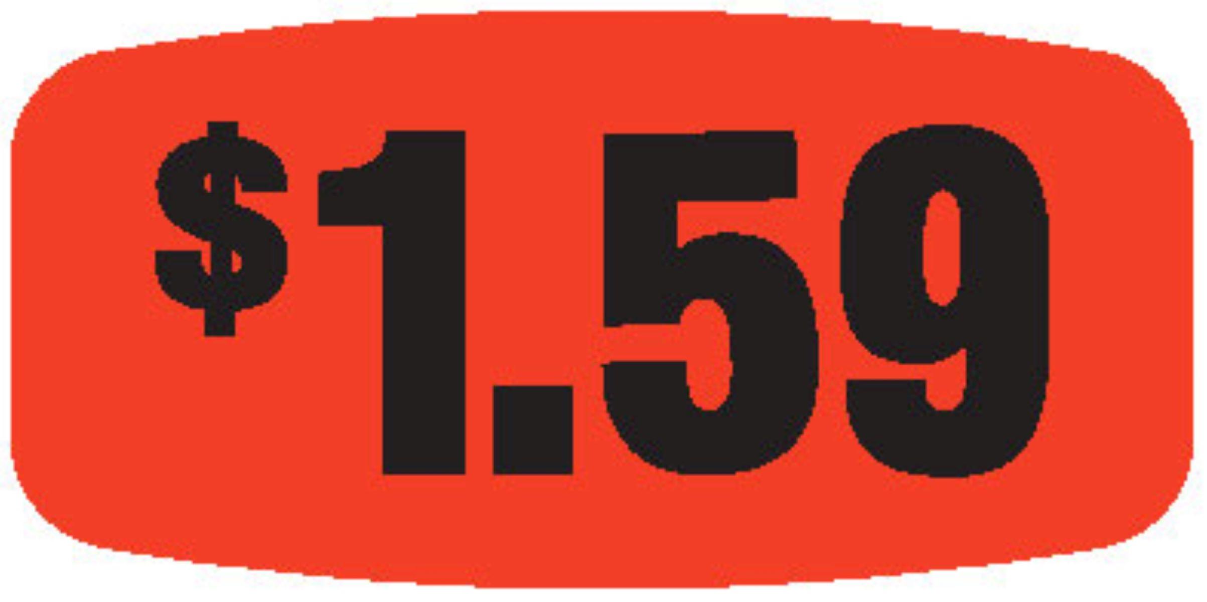 1.59 Price Label 0.625X1.25 IN Black Fluorescent Red Short Oval 1000 Count/Roll 50 Rolls/Case 50000 Count/Case