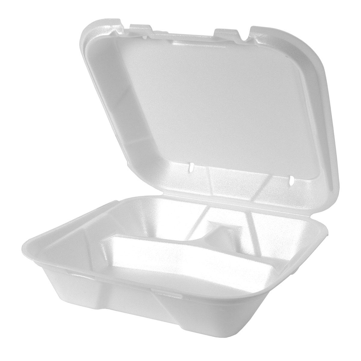 Take-Out Container Hinged Large (LG) 9.25X9.25X3 IN 3 Compartment Polystyrene Foam White Square Vented 200/Case