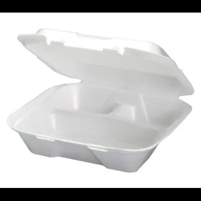 Take-Out Container Hinged Large (LG) 9.25X9.25X3 IN 3 Compartment Polystyrene Foam White Square Vented 200/Case