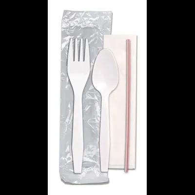 Senate 4PC Cutlery Kit PP White Individually Wrapped With White Napkin,Fork,Spoon,Milk Straw 500/Case