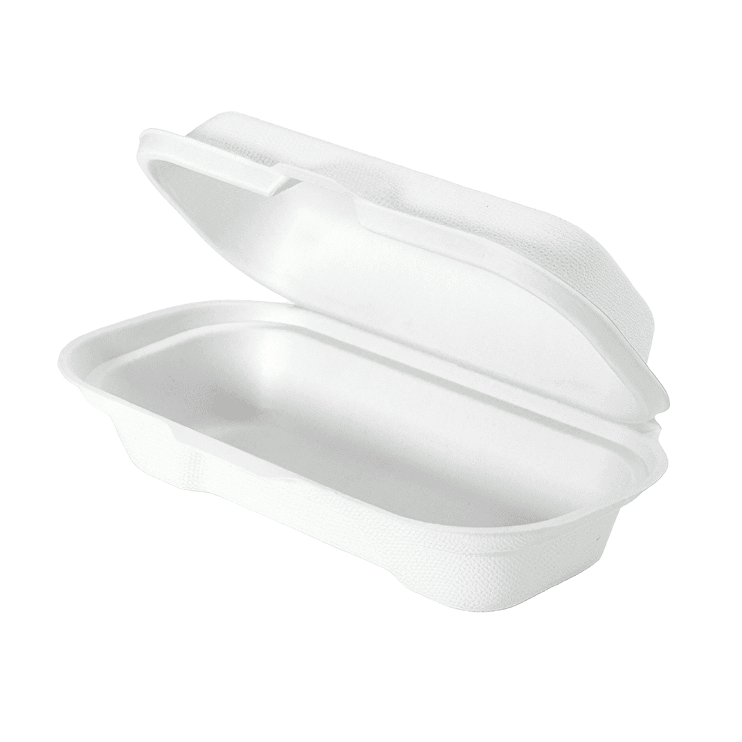 Hot Dog Take-Out Container Hinged With Dome Lid 7.4X3.8X2.25 IN Plant Fiber White Rectangle 400/Case