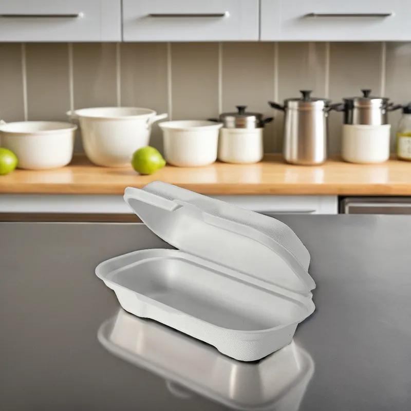 Hot Dog Take-Out Container Hinged With Dome Lid 7.4X3.8X2.25 IN Plant Fiber White Rectangle 400/Case