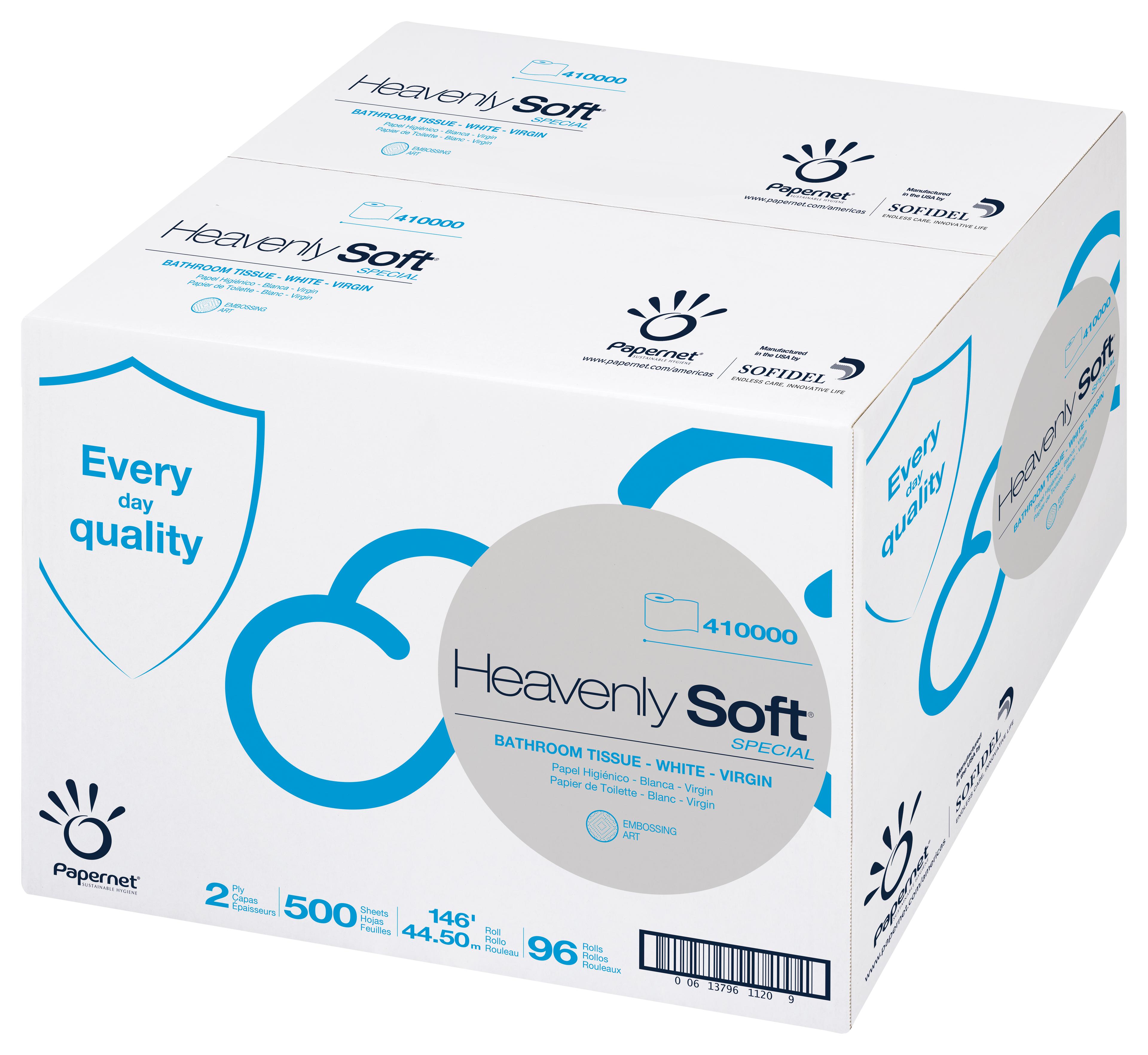 Heavenly Soft Toilet Paper & Tissue Roll 3.5IN X146FT 2PLY Embossed 1.61IN Core Diameter 500 Sheets/Roll 96 Rolls/Case