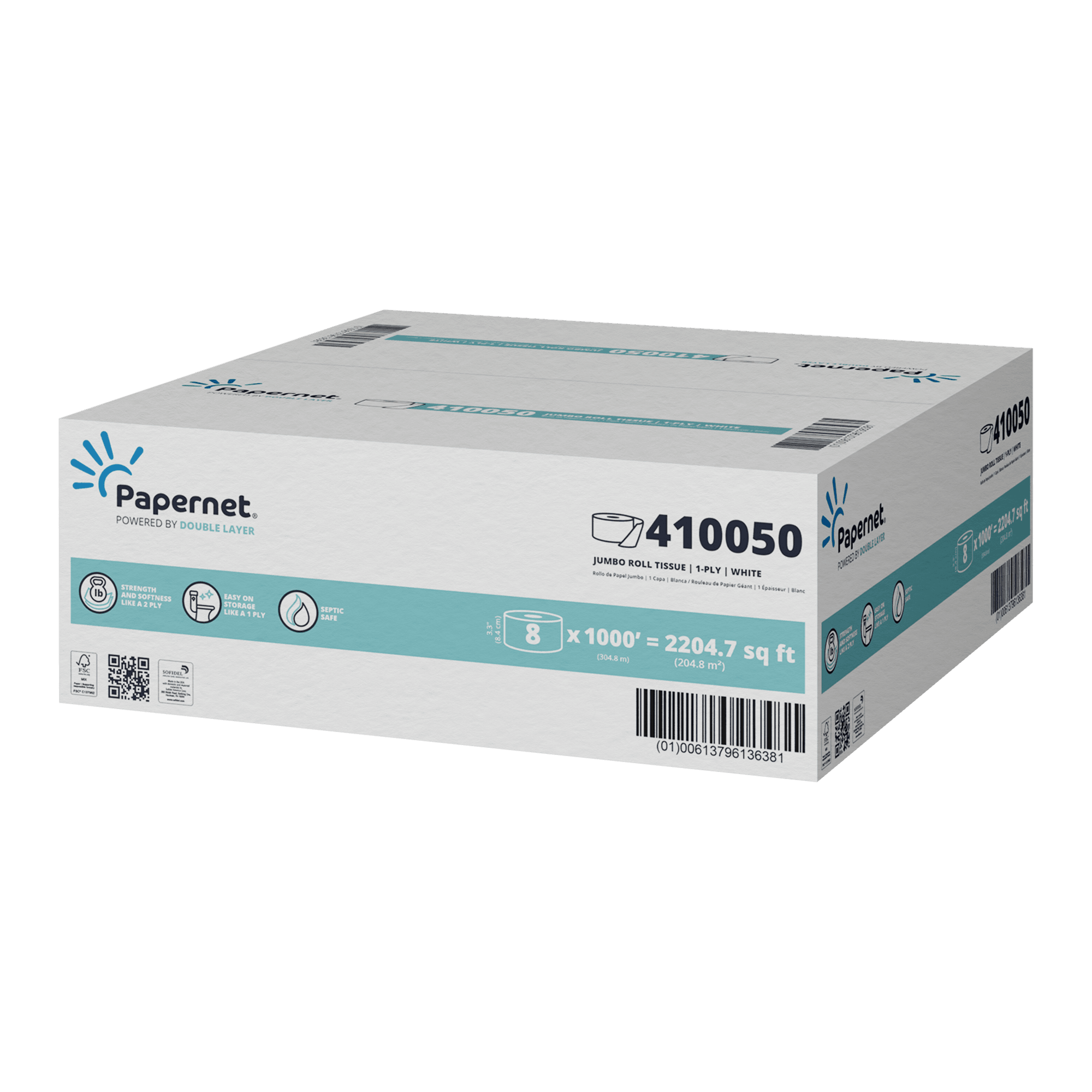 Papernet Double Layer Toilet Paper & Tissue Roll 1PLY White Universal Jumbo (JRT) 1000 Sheets/Roll 8 Rolls/Case