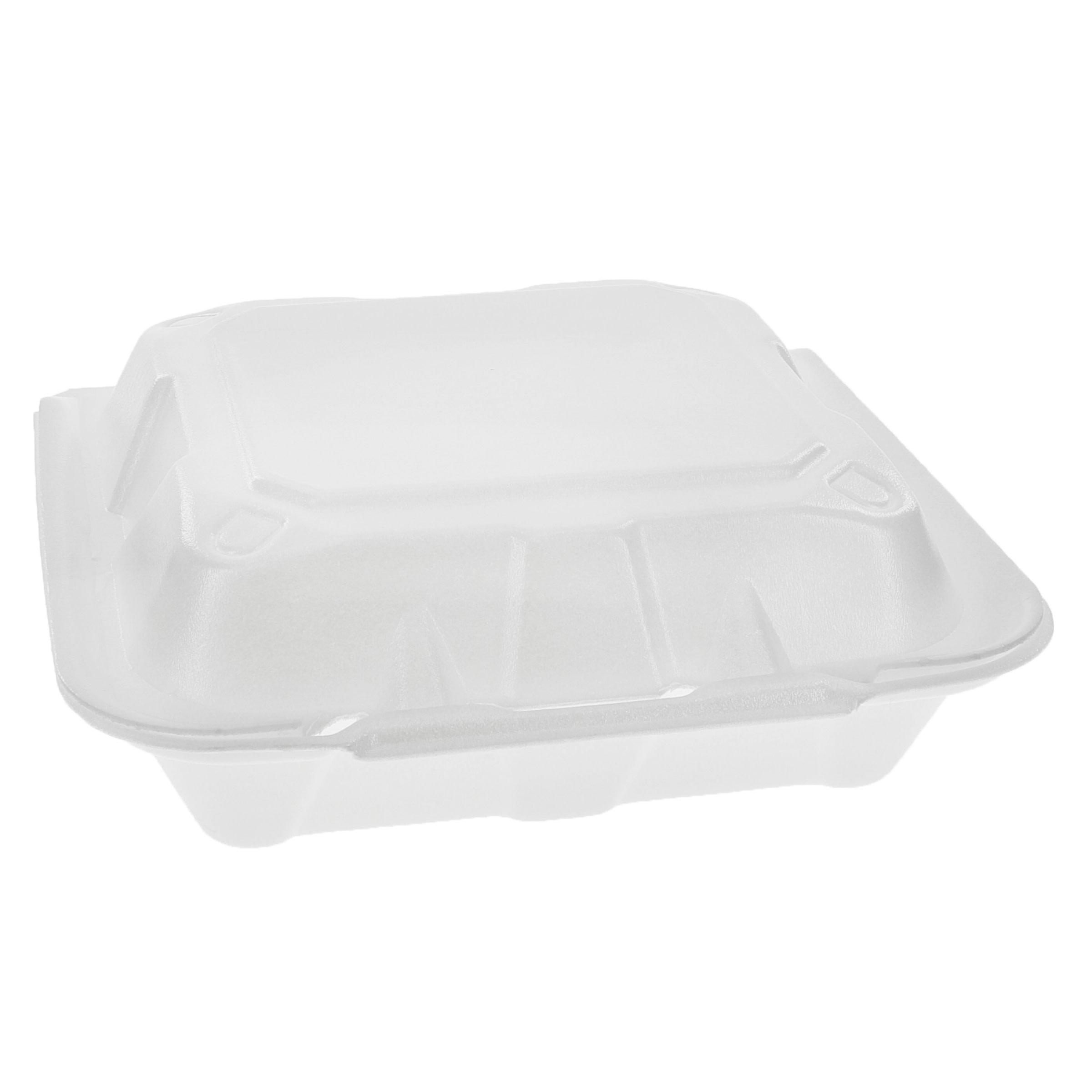 Take-Out Container Hinged With Dome Lid Medium (MED) 8.4X8X3 IN Polystyrene Foam White Square 150/Case