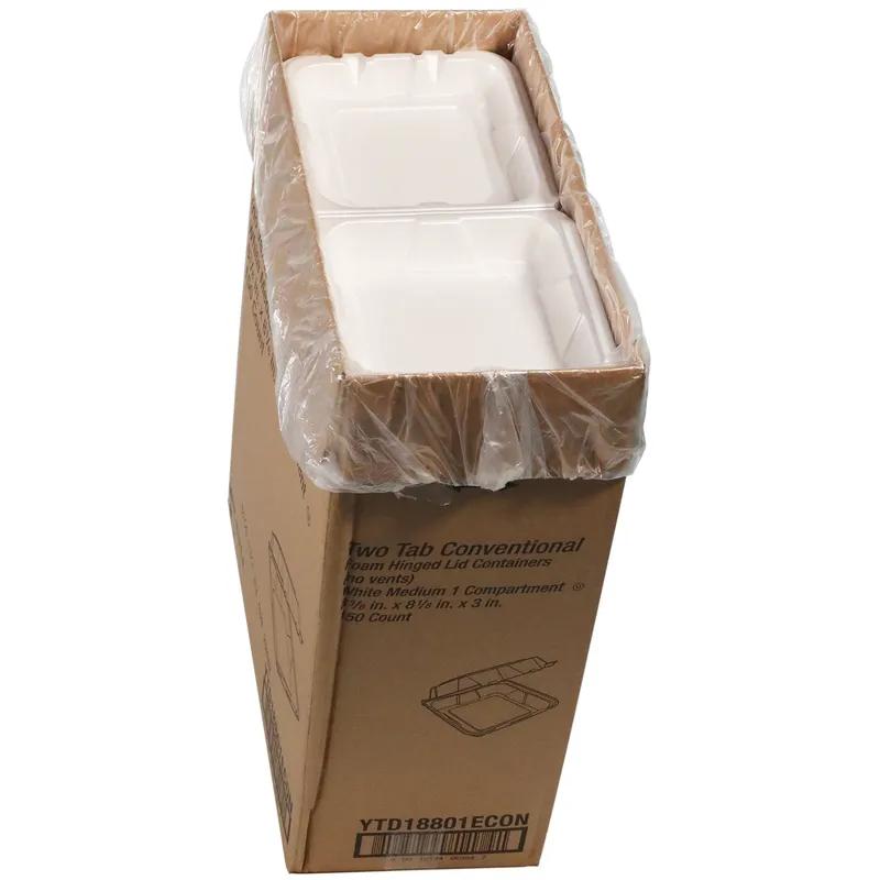 Take-Out Container Hinged With Dome Lid Medium (MED) 8.4X8X3 IN Polystyrene Foam White Square 150/Case