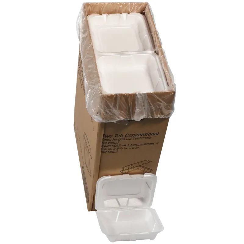 Take-Out Container Hinged With Dome Lid Medium (MED) 8.4X8X3 IN Polystyrene Foam White Square 150/Case