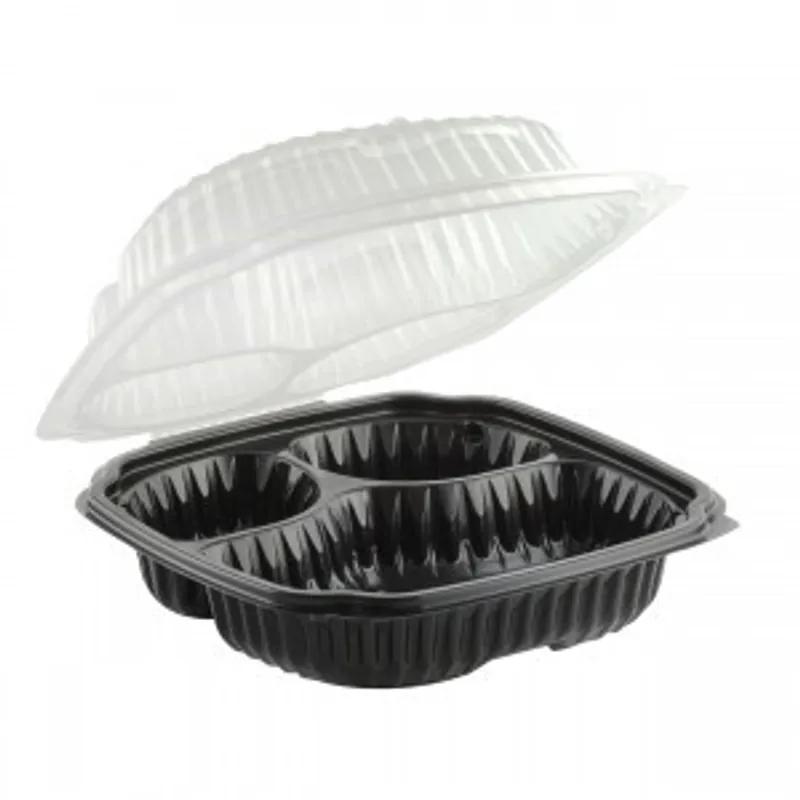 Culinary Classics® Take-Out Container Hinged With Dome Lid 9X10 IN 3 Compartment PP Black Clear Anti-Fog 100/Case