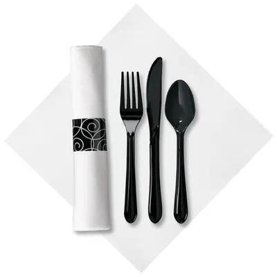 CaterWrap® Linen-Like® 4PC Cutlery Kit Black Pre-Rolled With White 8X8.5 Napkin,Fork,Knife,Spoon 100/Case