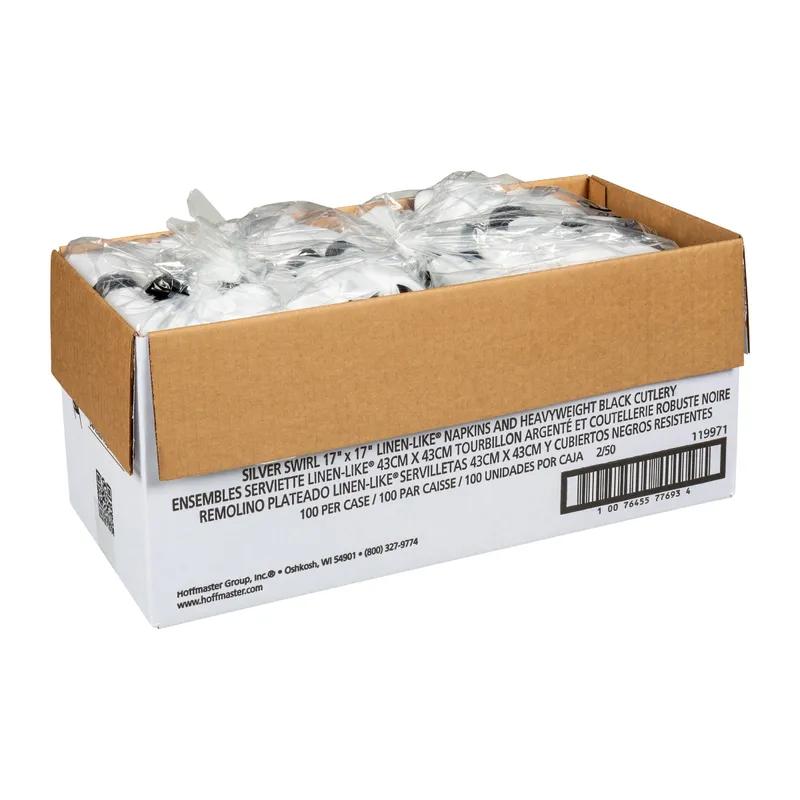 CaterWrap® Linen-Like® 4PC Cutlery Kit Black Pre-Rolled With White 8X8.5 Napkin,Fork,Knife,Spoon 100/Case