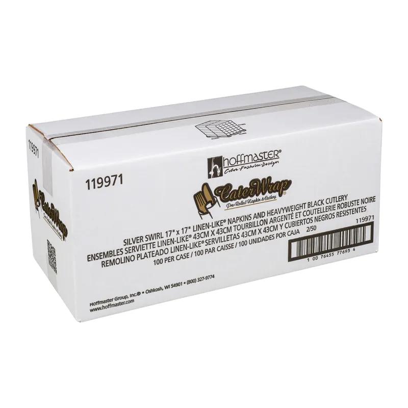 CaterWrap® Linen-Like® 4PC Cutlery Kit Black Pre-Rolled With White 8X8.5 Napkin,Fork,Knife,Spoon 100/Case