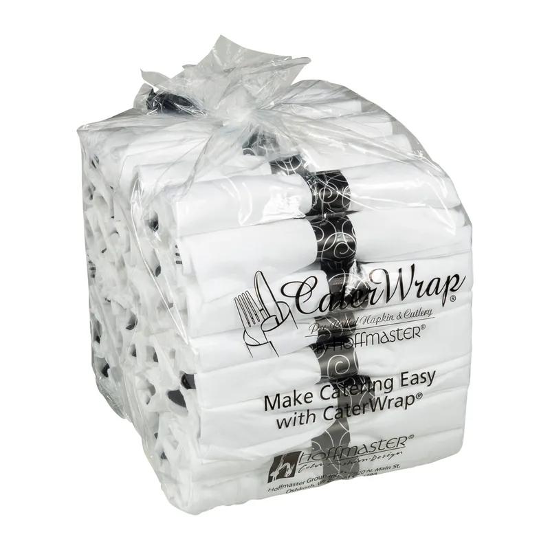 CaterWrap® Linen-Like® 4PC Cutlery Kit Black Pre-Rolled With White 8X8.5 Napkin,Fork,Knife,Spoon 100/Case