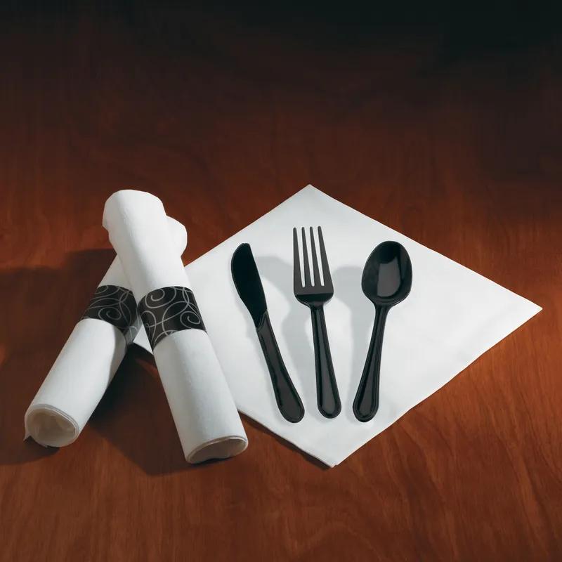 CaterWrap® Linen-Like® 4PC Cutlery Kit Black Pre-Rolled With White 8X8.5 Napkin,Fork,Knife,Spoon 100/Case