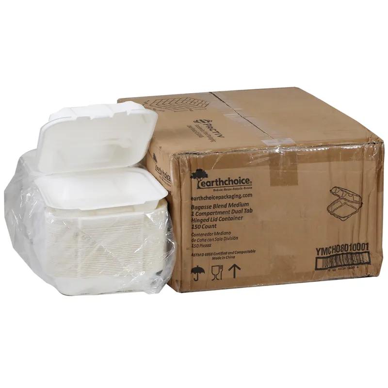 Take-Out Container Hinged With Dome Lid 7.8X7.8X2.8 IN Molded Fiber White Square 150/Case
