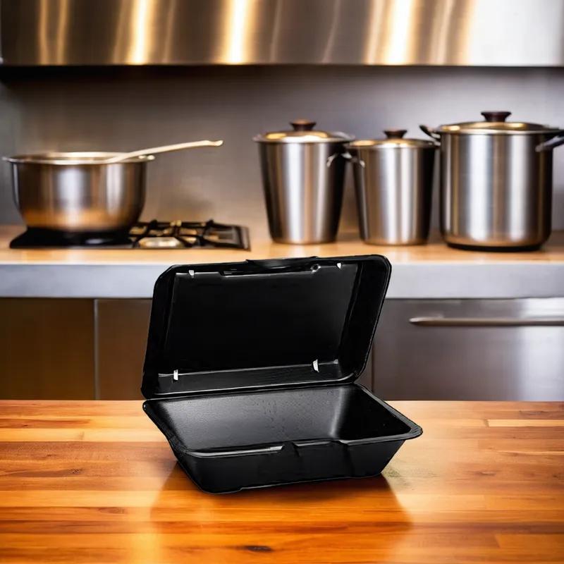 Take-Out Container Hinged With Dome Lid Large (LG) 9.25X6.5X2.875 IN Polystyrene Foam Black Deep 200/Case