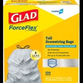 Glad® ForceFlex Can Liner 13 GAL White Plastic With Drawstring Closure Tall Kitchen 100/Case