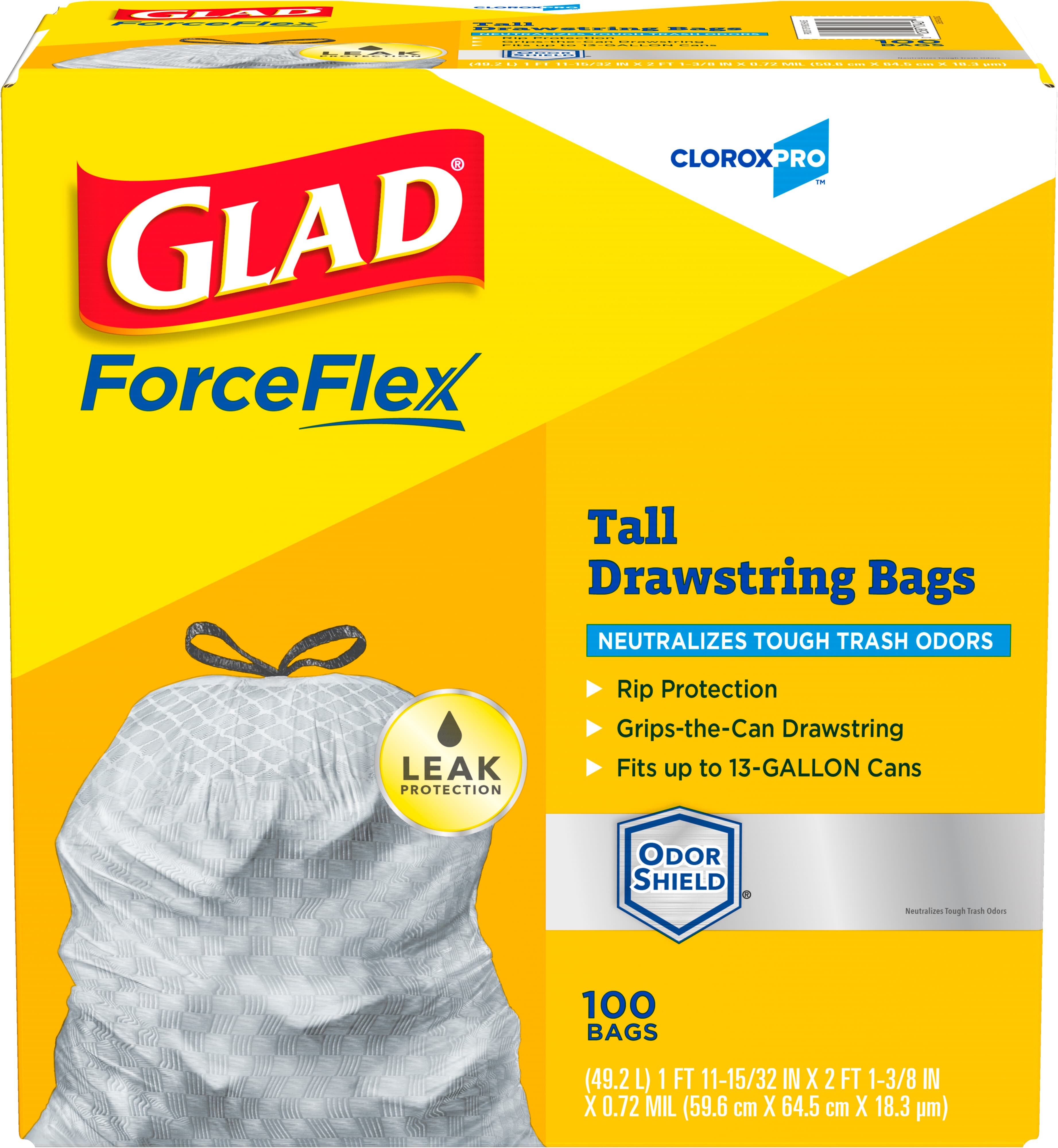 Glad® ForceFlex Can Liner 13 GAL White Plastic With Drawstring Closure Tall Kitchen 100/Case