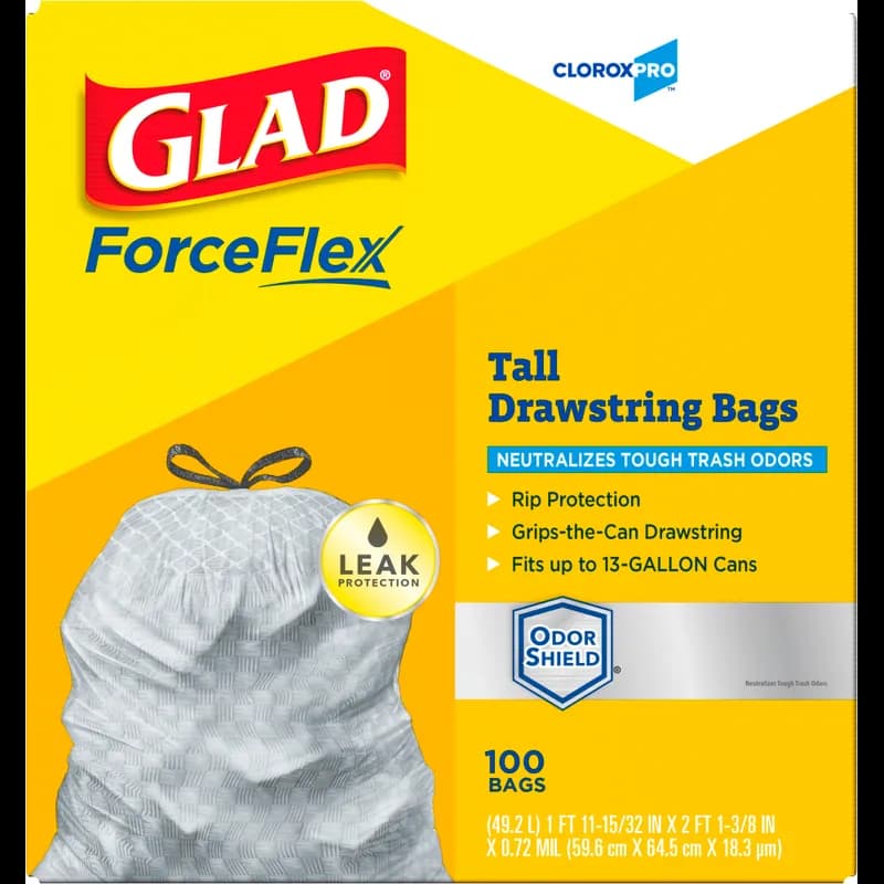 Glad® ForceFlex Can Liner 13 GAL White Plastic With Drawstring Closure Tall Kitchen 100/Case