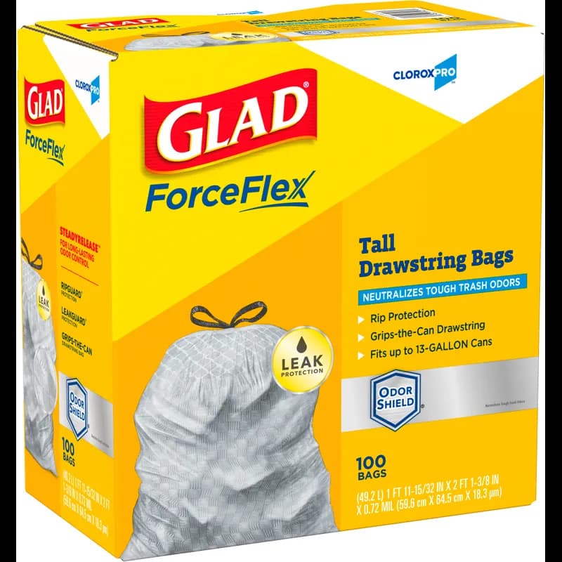 Glad® ForceFlex Can Liner 13 GAL White Plastic With Drawstring Closure Tall Kitchen 100/Case