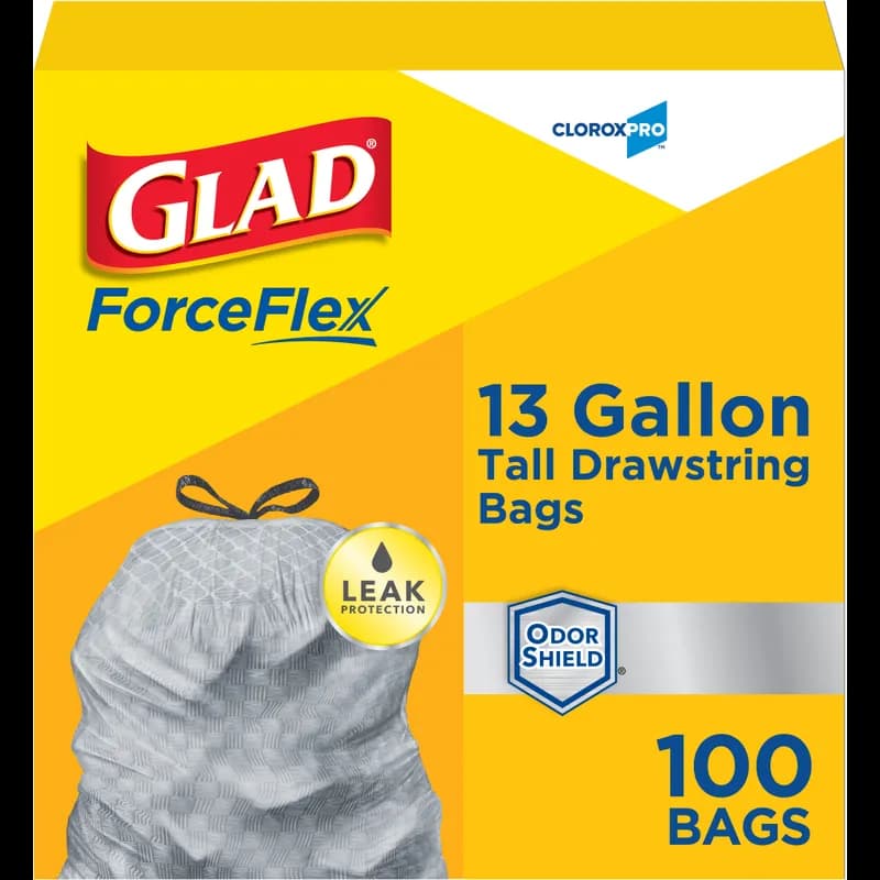 Glad® ForceFlex Can Liner 13 GAL White Plastic With Drawstring Closure Tall Kitchen 100/Case
