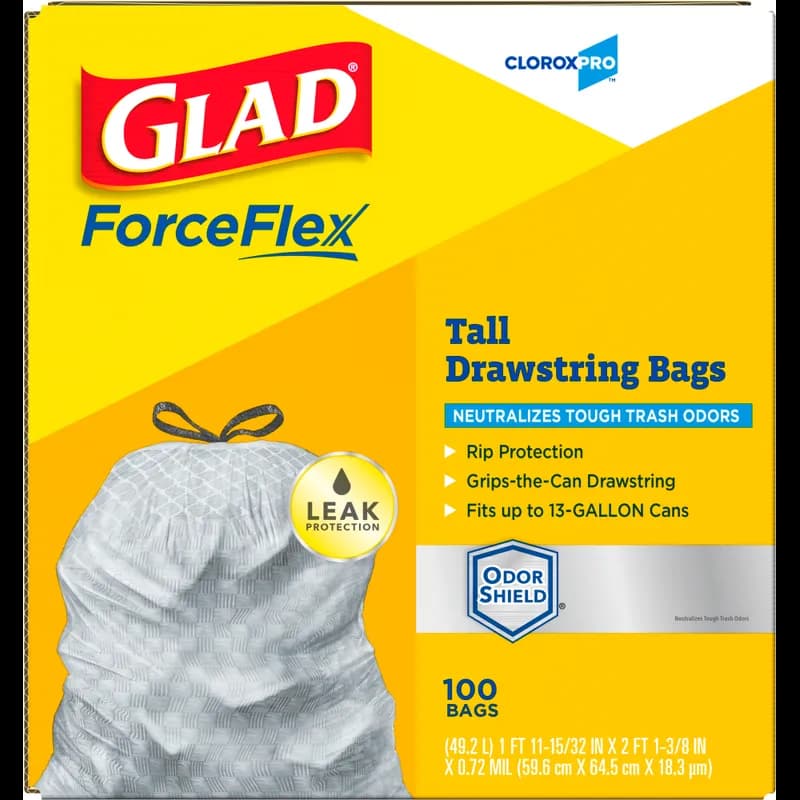 Glad® ForceFlex Can Liner 13 GAL White Plastic With Drawstring Closure Tall Kitchen 100/Case